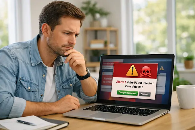 Faux virus sur ordinateur - homme perplexe face à une fausse alerte