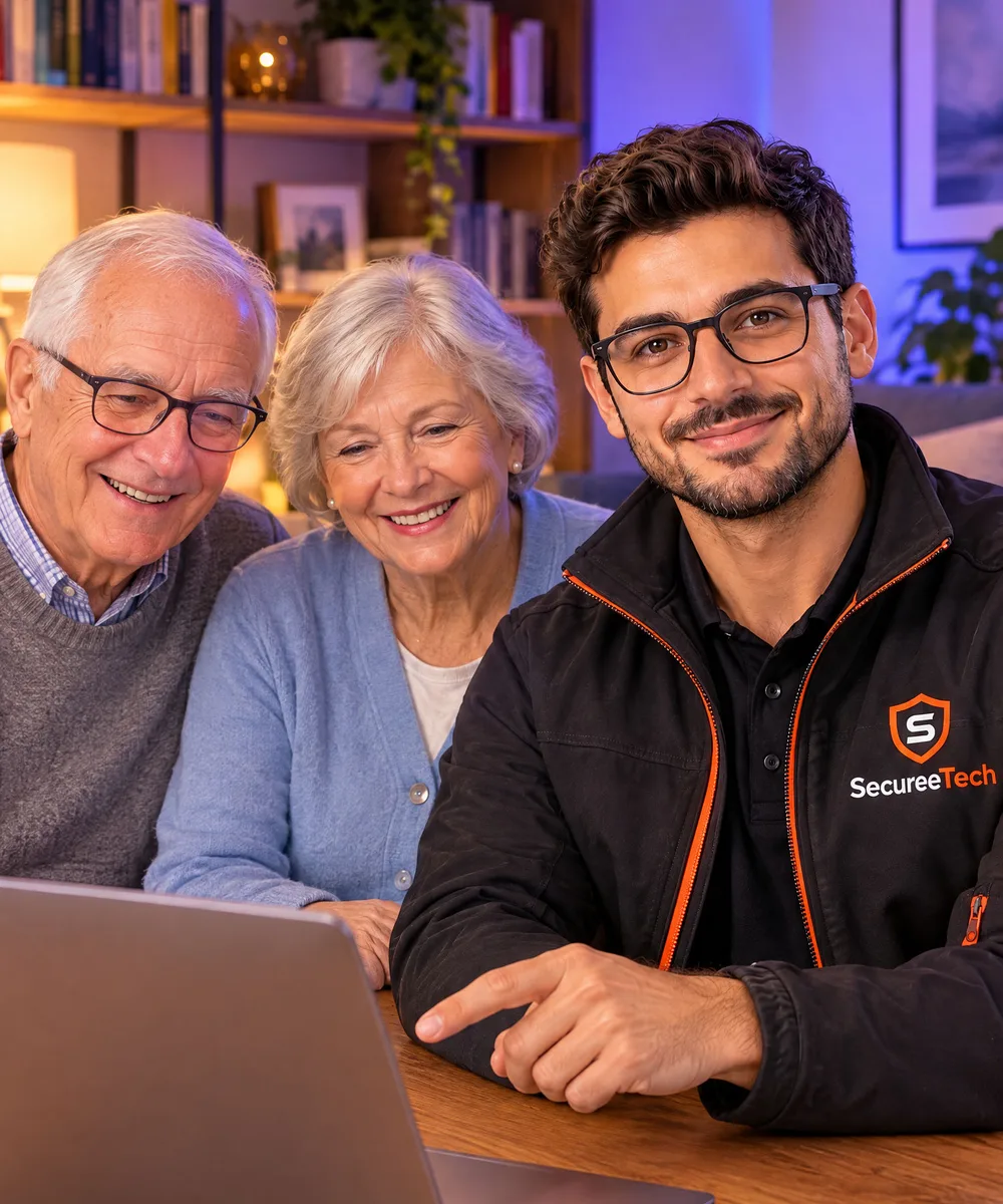 Technicien SecureeTech en assistance informatique premium avec un couple de seniors